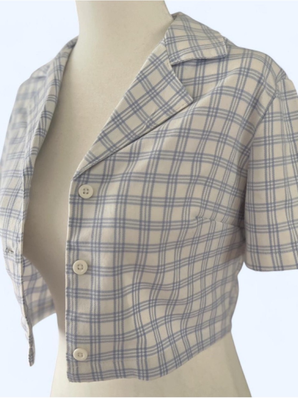 Brandy Melville Blue Plaid Cropped Button-Up Shirt Preppy One Size